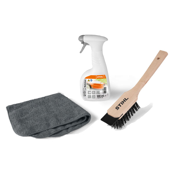 Kit de întreținere Stihl RM pentru curățare și întreținere (Multiclean 500ml + Perie specială + Lavetă microfibră), cod 07825168600