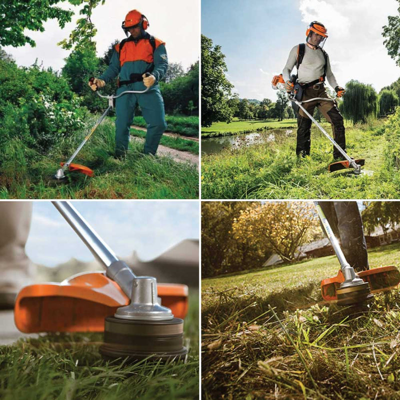 Motocoasă Stihl FS 55, benzină, 1CP, motor 2T, cuțit iarbă (inclus) și cap tăietor cu fir (opțional)